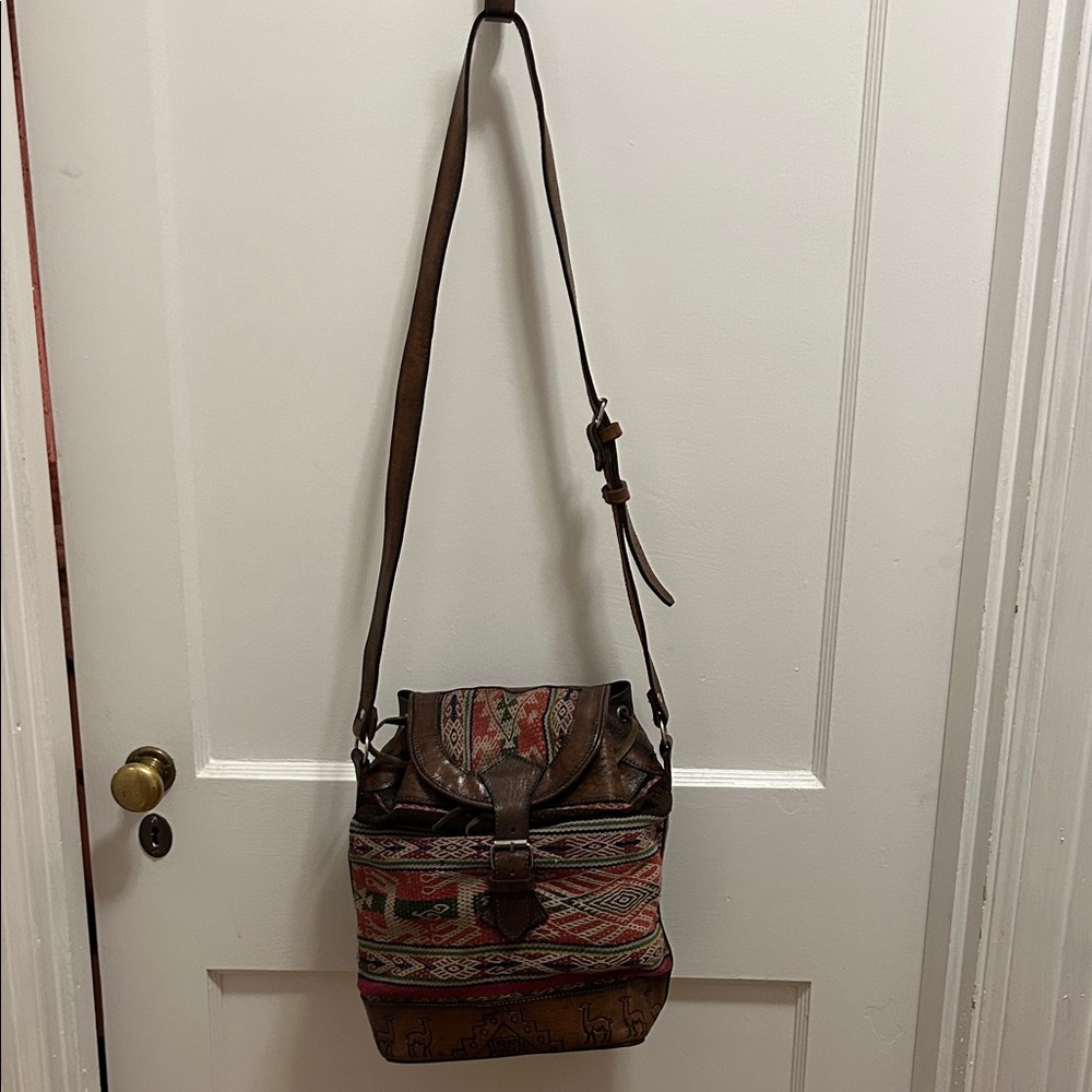 Moroccan Bag Brown Leather Green Suede Crossbody Camel Inlay Bohemian Festival - Picture 12 of 12